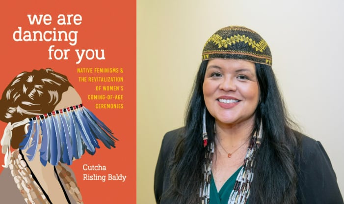 On the left: an orange book cover featuring an illustration of a young woman wearing a traditional Hupa veil made of feathers. On the right: a smiling Indigenous woman with long black hair, wearing a traditional cap and earrings and a black blazer.