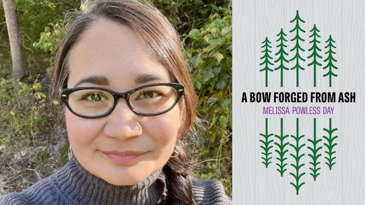 A composite image of an Indigenous woman with glasses looking into the camera beside a grey book cover with illustrated trees on it. 