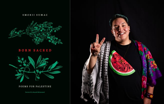 On the left: a book cover featuring green juniper and olive branches against a black background. On the right: an Indigenous man makes a peace sign and smiles. He wears a watermelon t-shirt and has a keffiyeh scarf draped over one shoulder.
