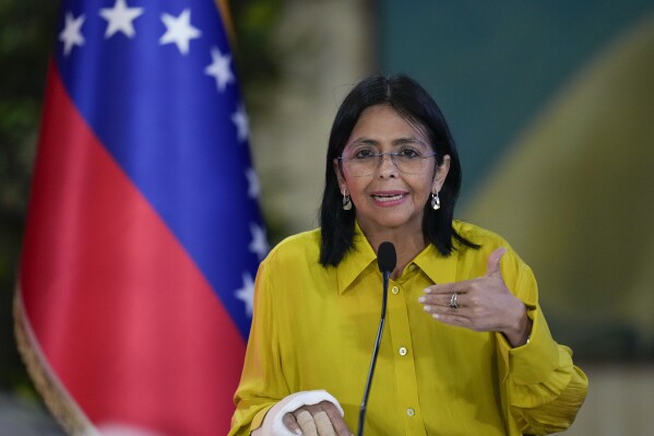 Venezuelan Vice President Delcy Rodriguez speaks about the presidential election results with foreign ambassadors and accredited diplomatic corps at the Foreign Ministry in Caracas, Venezuela, Aug. 8, 2024. (AP Photo/Matias Delacroix, File)