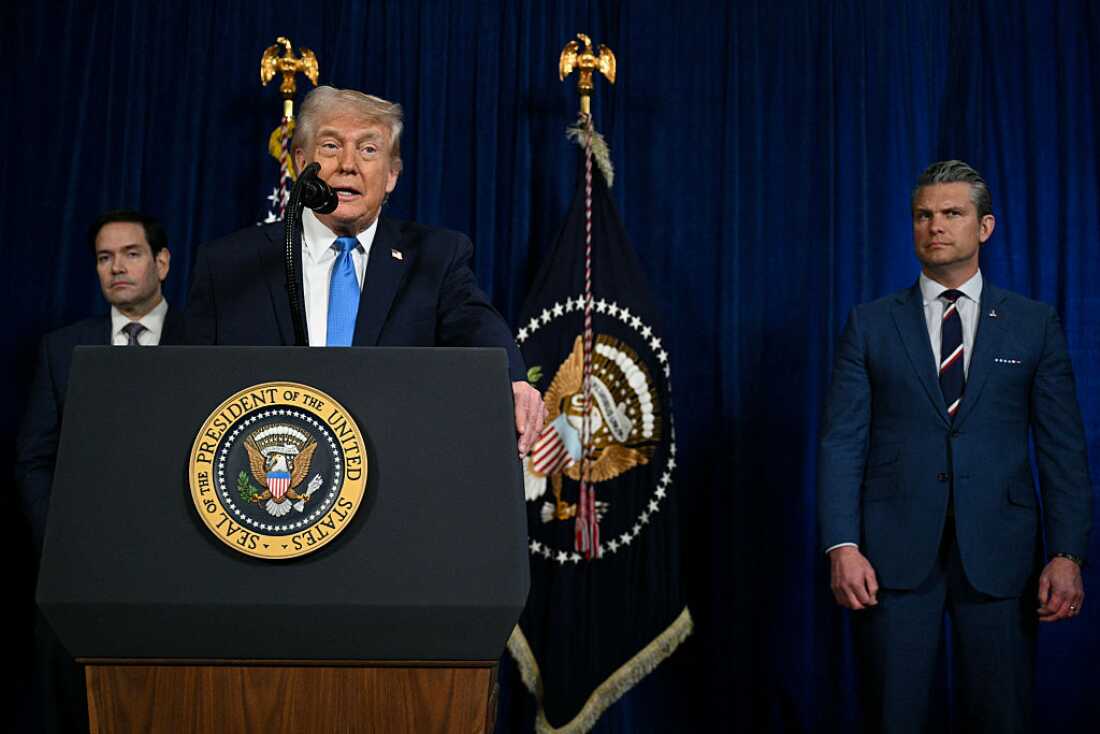 President Trump, alongside Secretary of State Marco Rubio and Secretary of Defense Pete Hegseth, speaks to the press at his Mar-a-Lago residence in Palm Beach, Fla., on Saturday following U.S. military actions in Venezuela.