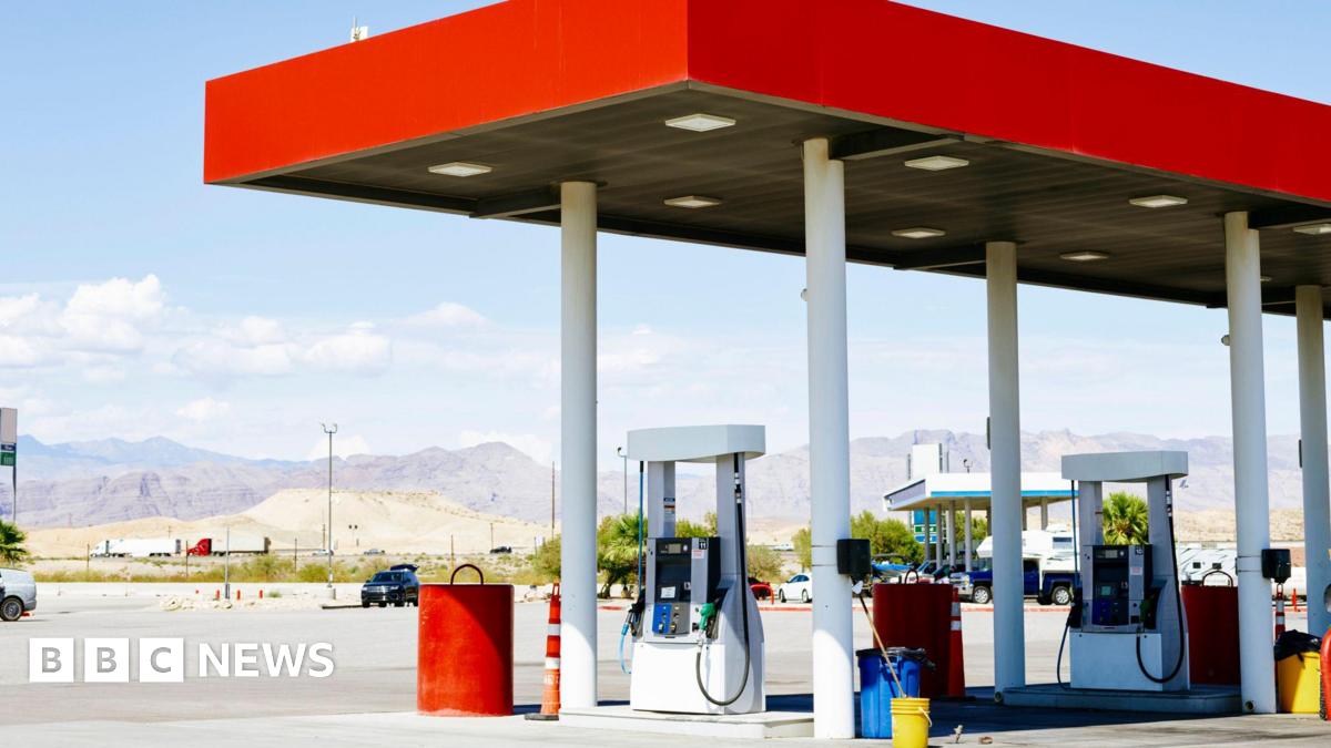 A petrol station with a bright red awning sits in the foreground, with a long mountain range in the background.