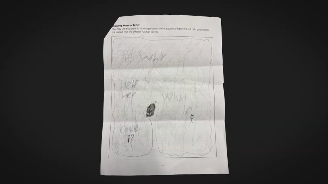 A black and white drawing with a crouched figure thinking the words "why, help her, what if, could I"?