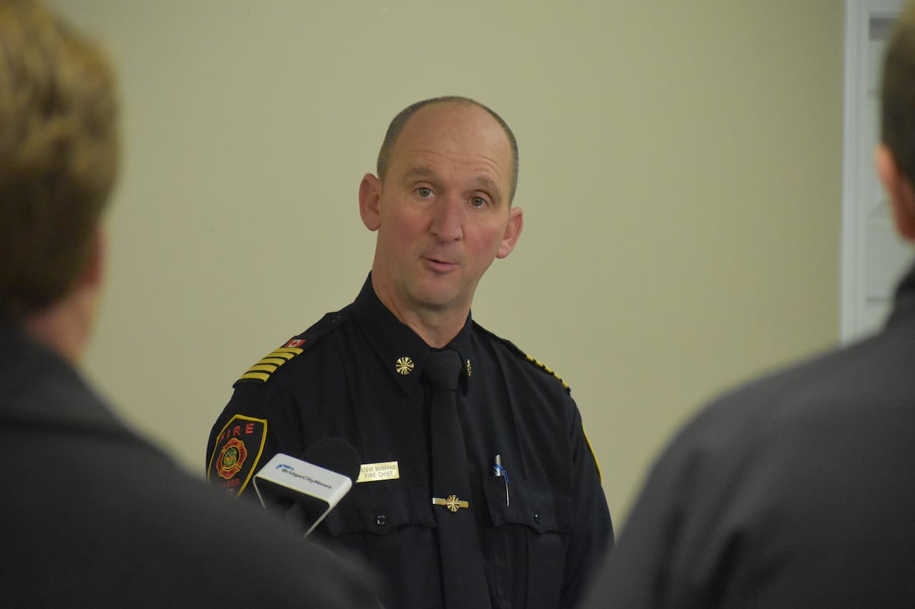 Taber, Alta., fire chief Steven Munshaw, pictured at a media availability on Jan. 7.