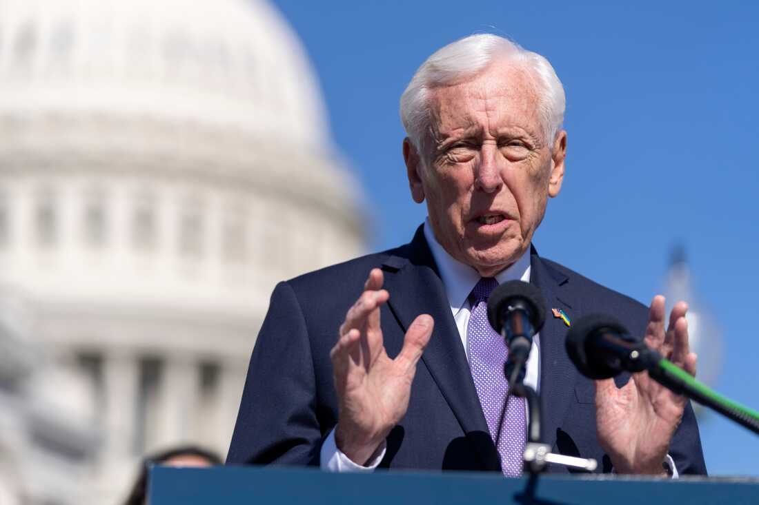 Rep. Steny Hoyer, D-Md., speaks at a news conference about the Protect Our Probationary Employees Act on Capitol Hill, March 11, 2025, in Washington.