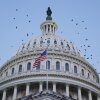 Birds fly around the U.S. Capitol Dome and a U.S. flag.