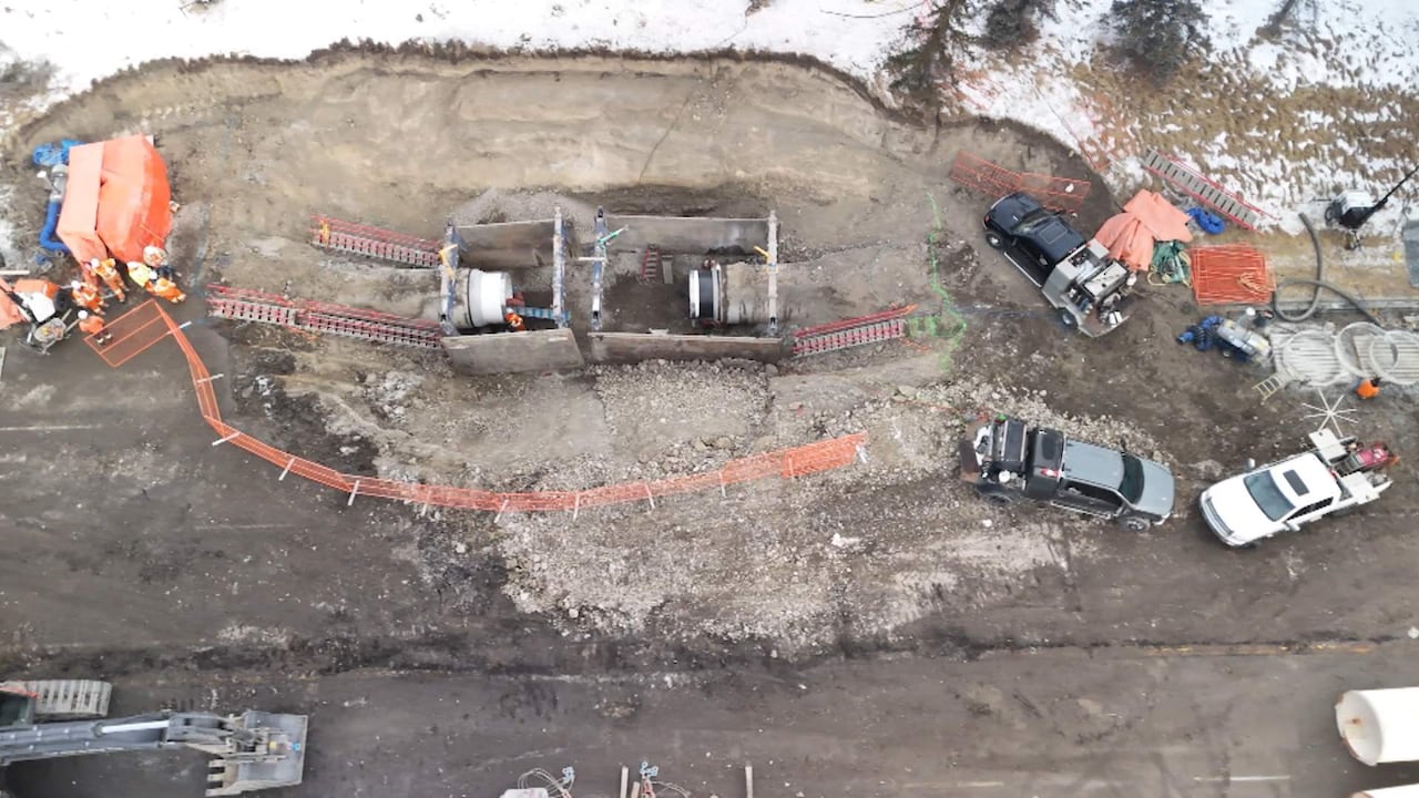 Drone shot of Bearspaw feeder main break being repaired