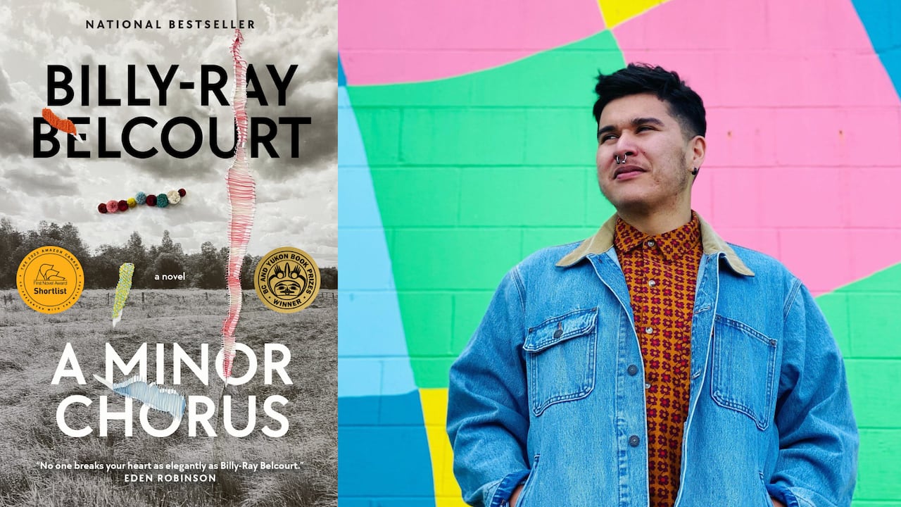 A book cover of a black and white photo of the prairies. A man wearing a jean jacket poses in front of a colourful mural.