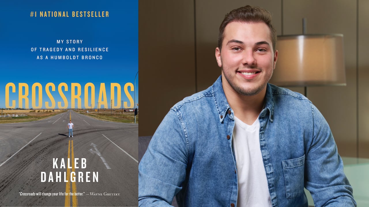 A book cover of a man standing at an intersection. A headshot of a man wearing a jean button down.