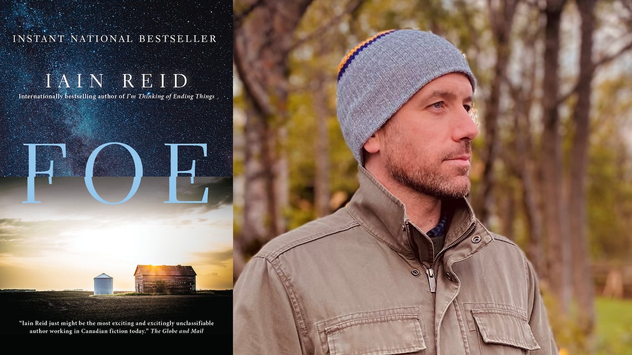 A composite image of a book cover of a house in a field and the night sky and a man wearing a tuque looking left.