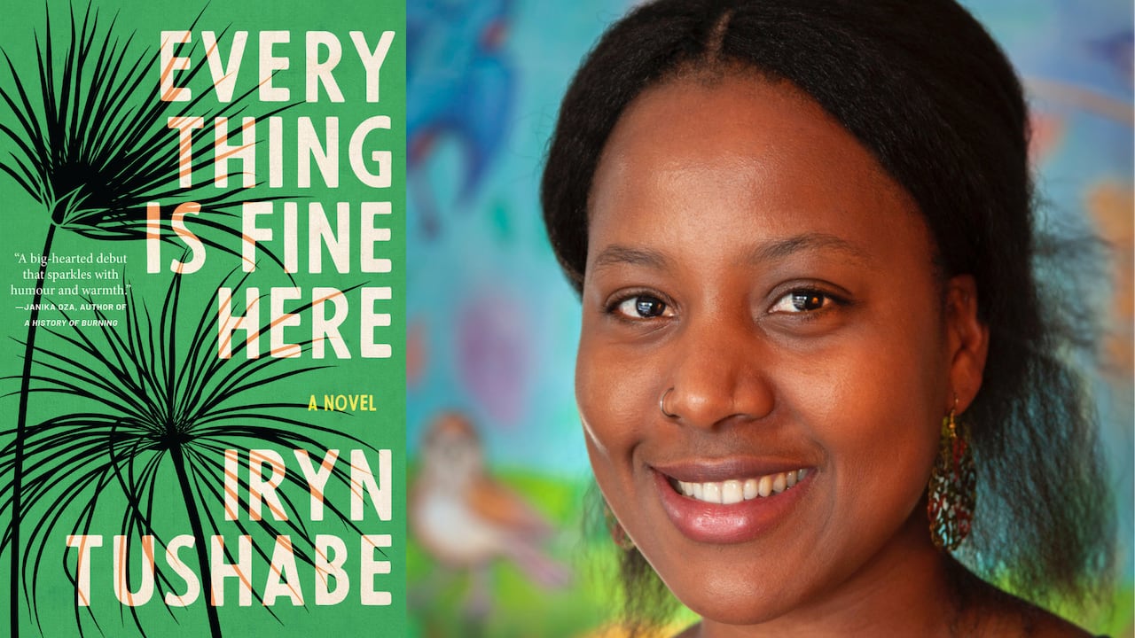 A composite image of a green book cover with black foliage and on the right is a headshot of a woman in a bun with circle earrings smiling at the camera.  