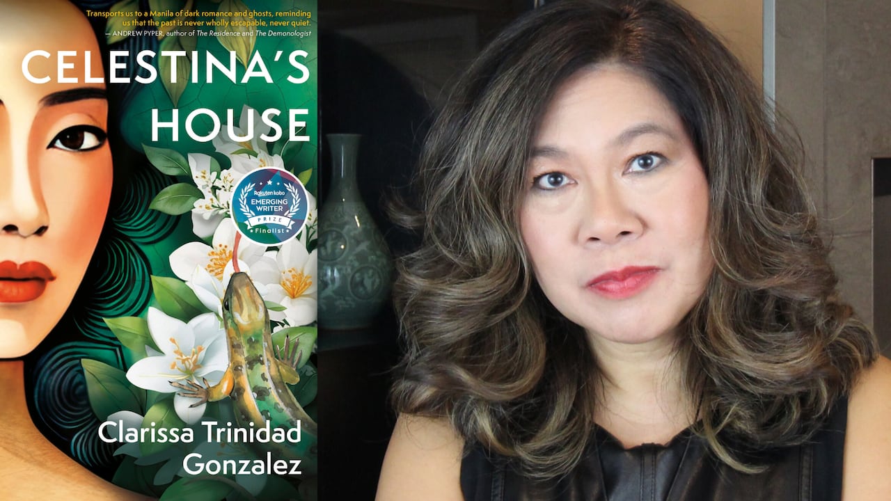 A woman with long brown hair looks into the camera. A book cover shows an illustrated woman's face beside white flowers and a lizard. 