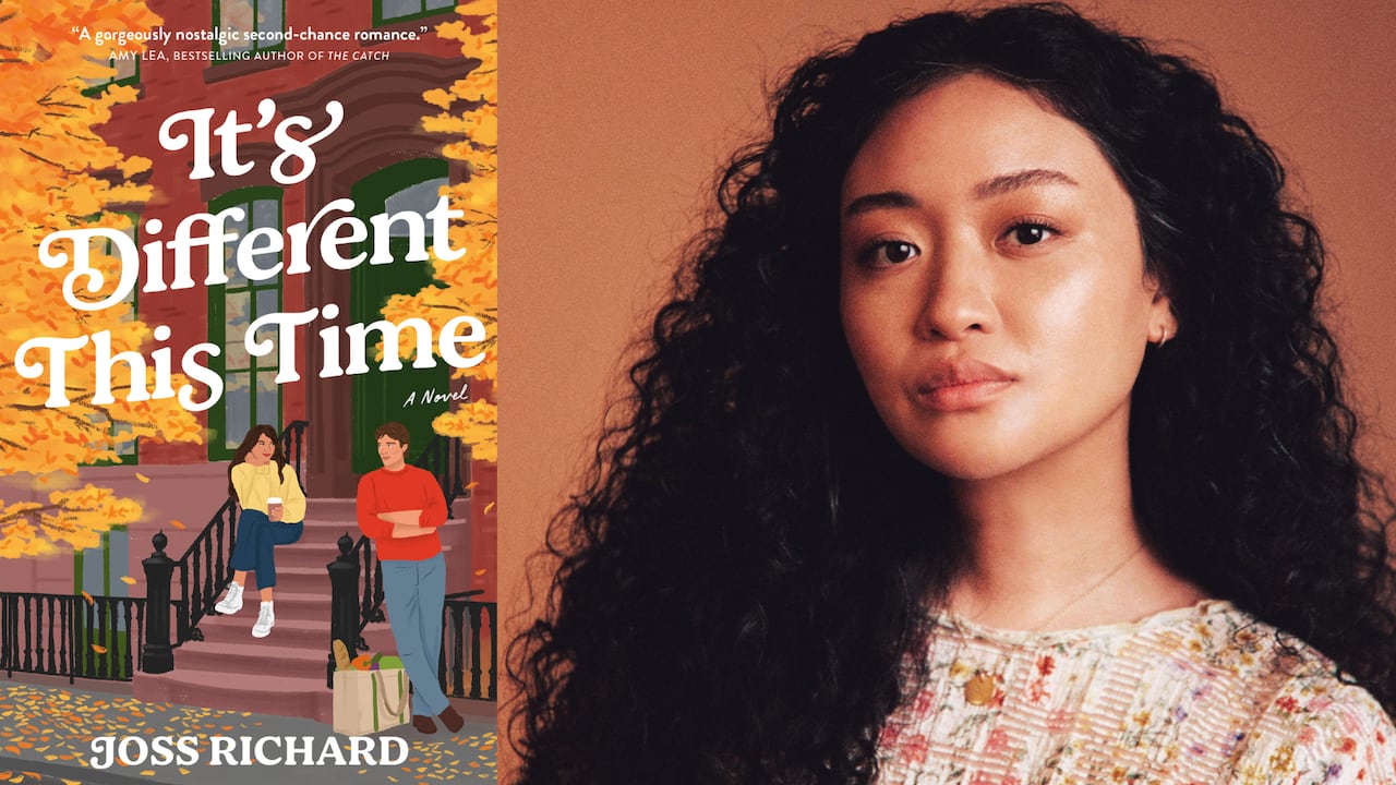 A cartoon book cover of a man and a woman in front of a New York brownstone. An author headshot of a woman with long curly black hair.