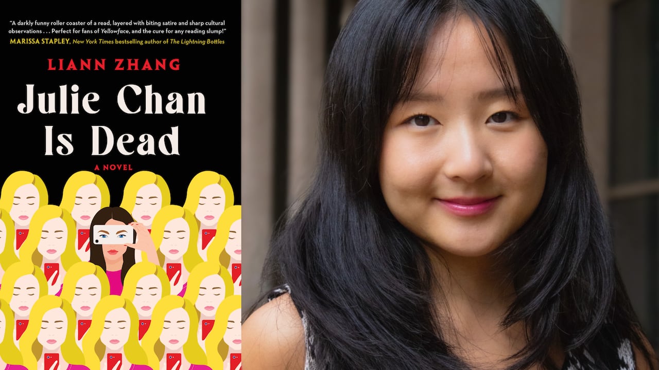 A composite of two images. On the left, a book cover that shows a girl with black hair holding a phone to her face amidst many other faces that all have blonde hair. On the right, a portrait of a woman with dark hair. 