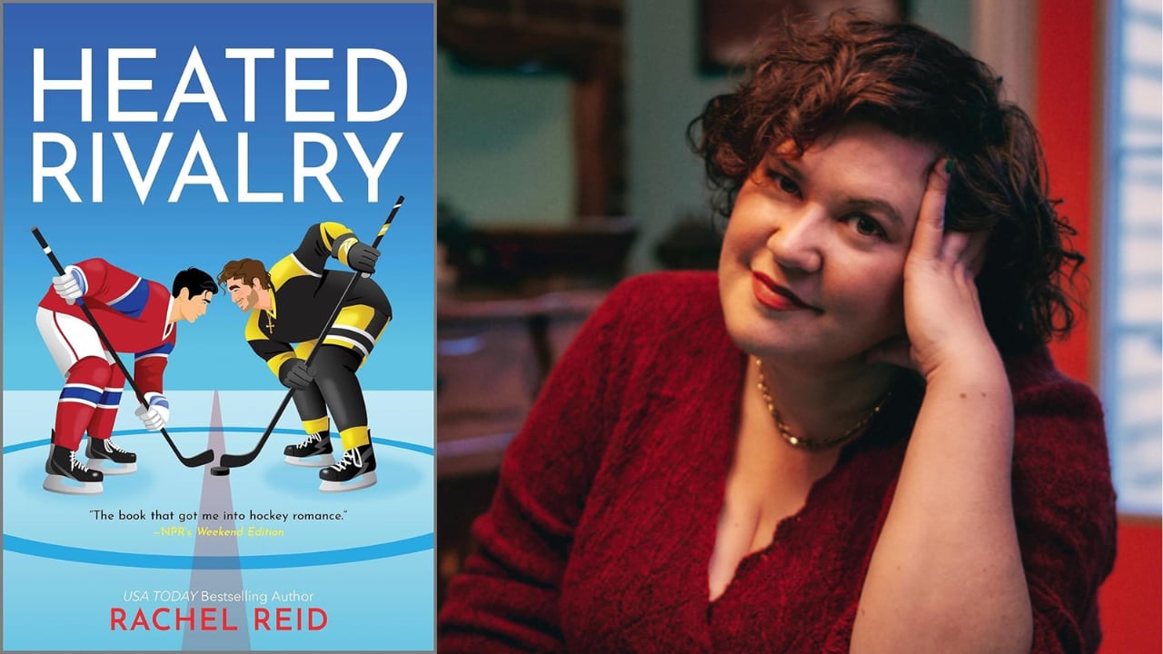 A composite image of a book cover with two hockey players in a face off, with a headshot of a woman with brown hair.
