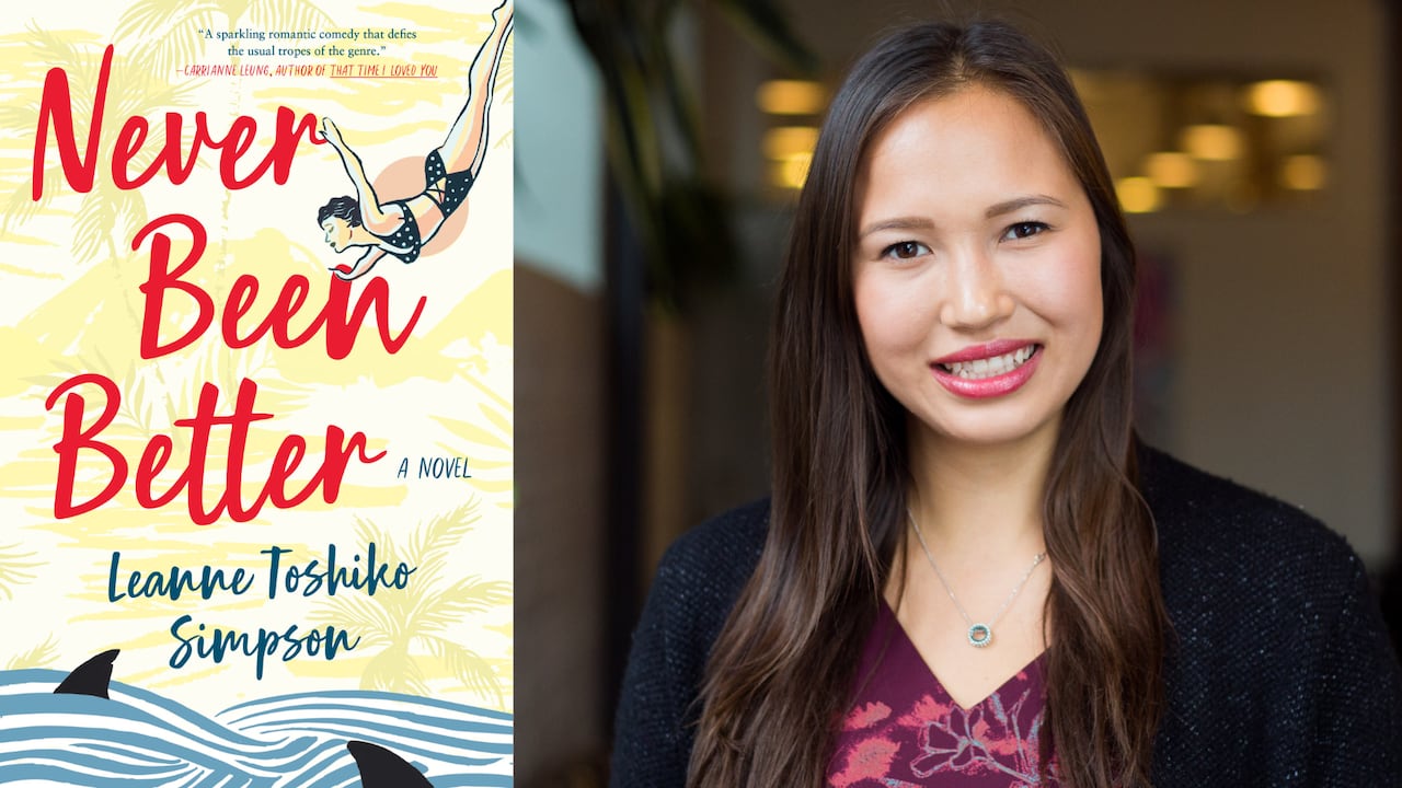 A yellow book cover of a woman diving into shark infested waters next to an Asian woman smiling at the camera.