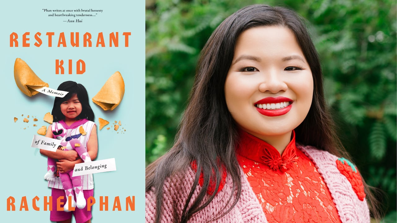 A composite image of a book cover with a fortune cookie cracked over a young girl on a blue background and on the right is a photo of a woman with long black hair. 