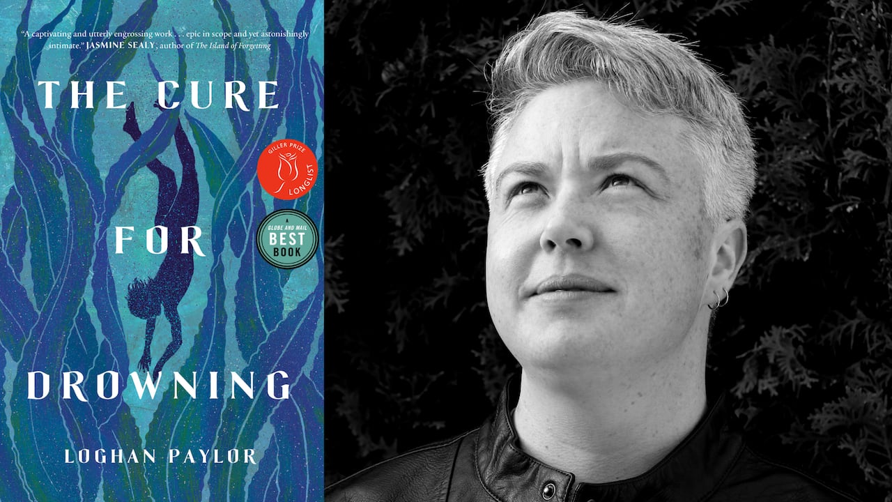 A blue book cover with a person swimming through weeds underwater. A black and white photo of a person with short hair looking up. 