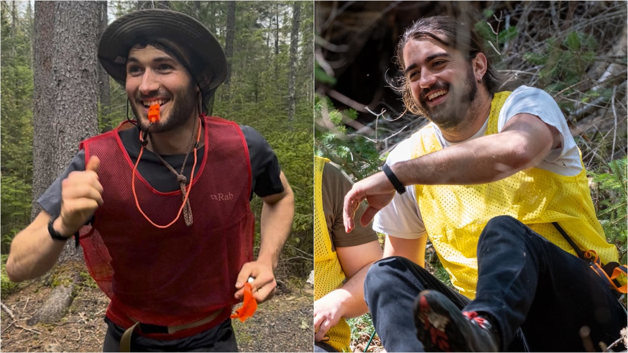 Side-by-side photos of smiling bearded men in the forest. The one on the left is wearing a red vest, while the one on the right is wearing a yellow vest.