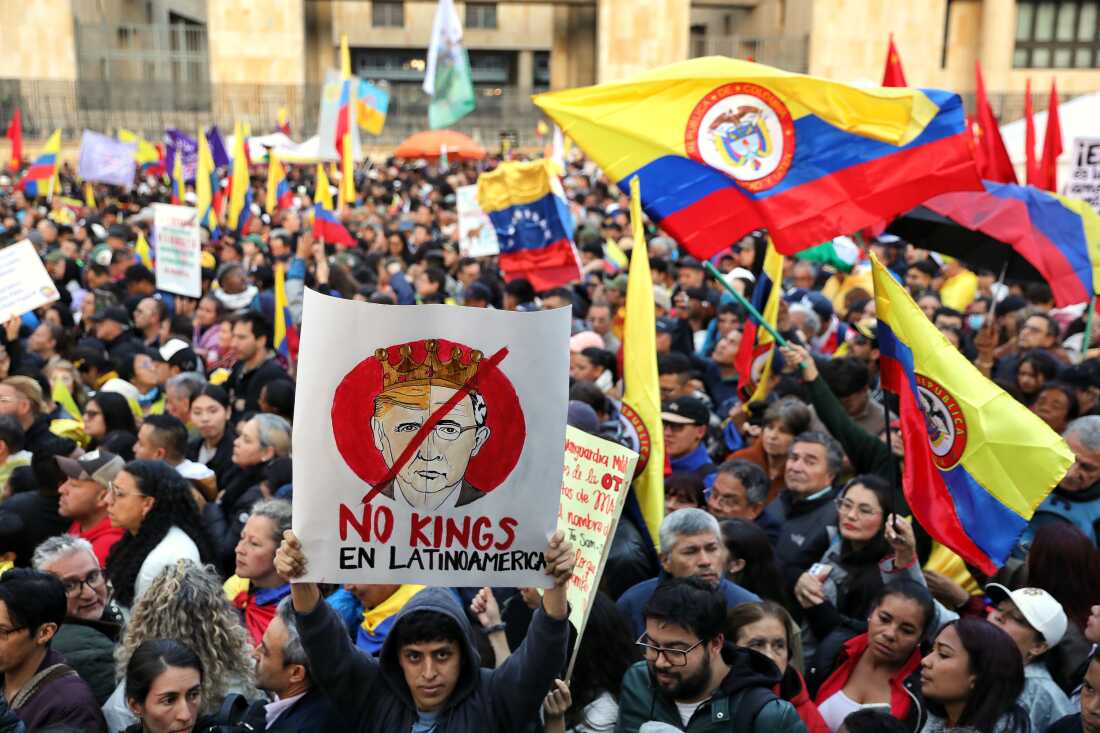 Supporters of Colombian President Gustavo Petro attend a rally he called to protest comments by U.S. President Donald Trump, in Bogota, Colombia, Wednesday, Jan. 7, 2026.