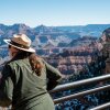 Grand Canyon Park Services Ranger Jill Staurowsky looks out from the South Rim while giving a tour to visitors on February 22, 2025 in Grand Canyon, Arizona.