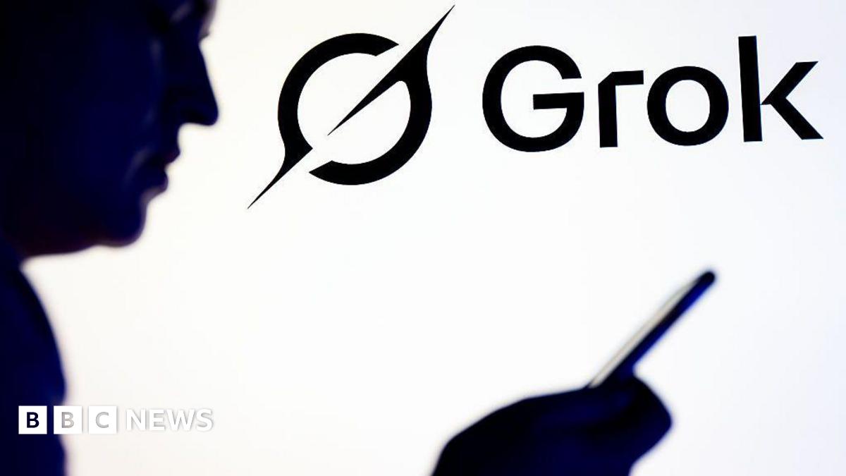 Silhouette of a person holding a smartphone in front of Grok and X logo