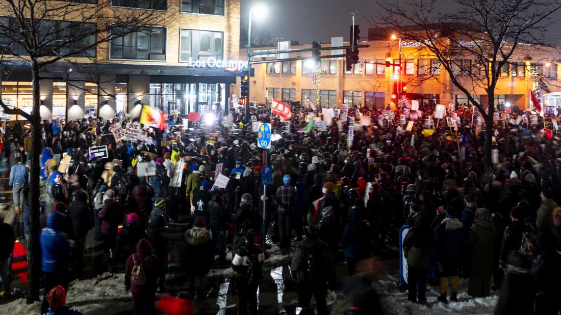 People march during a protest after the killing of Renee Nicole Good on Jan. 8 in Minneapolis, Minnesota. 