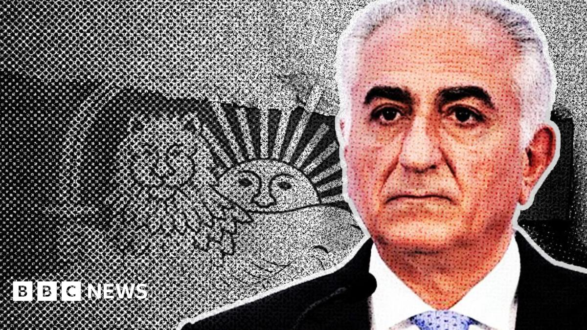 Iranian opposition leader and son of the last Shah of Iran, Reza Pahlavi's portrait superimposed on a lion and sun emblem featuring on the historical flag of Iran