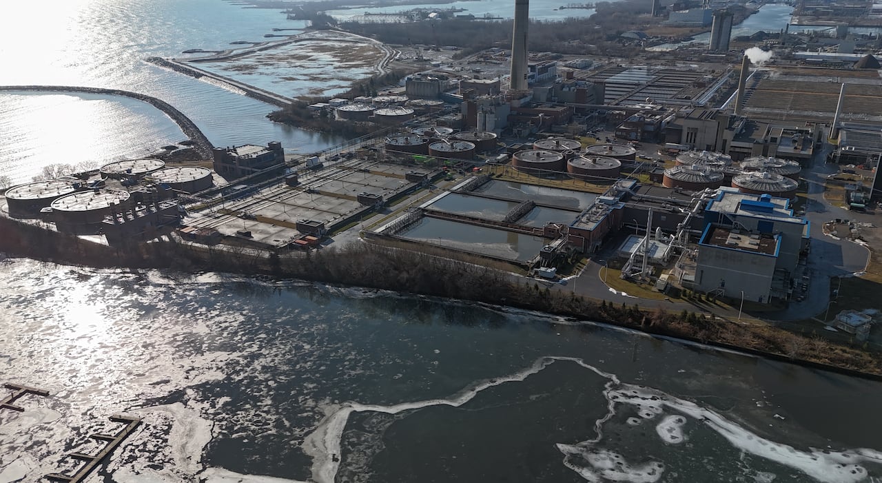 Ashbridges Bay wastewater plant tanks and other infrastructure in Toronto on the shore of Lake Ontario.