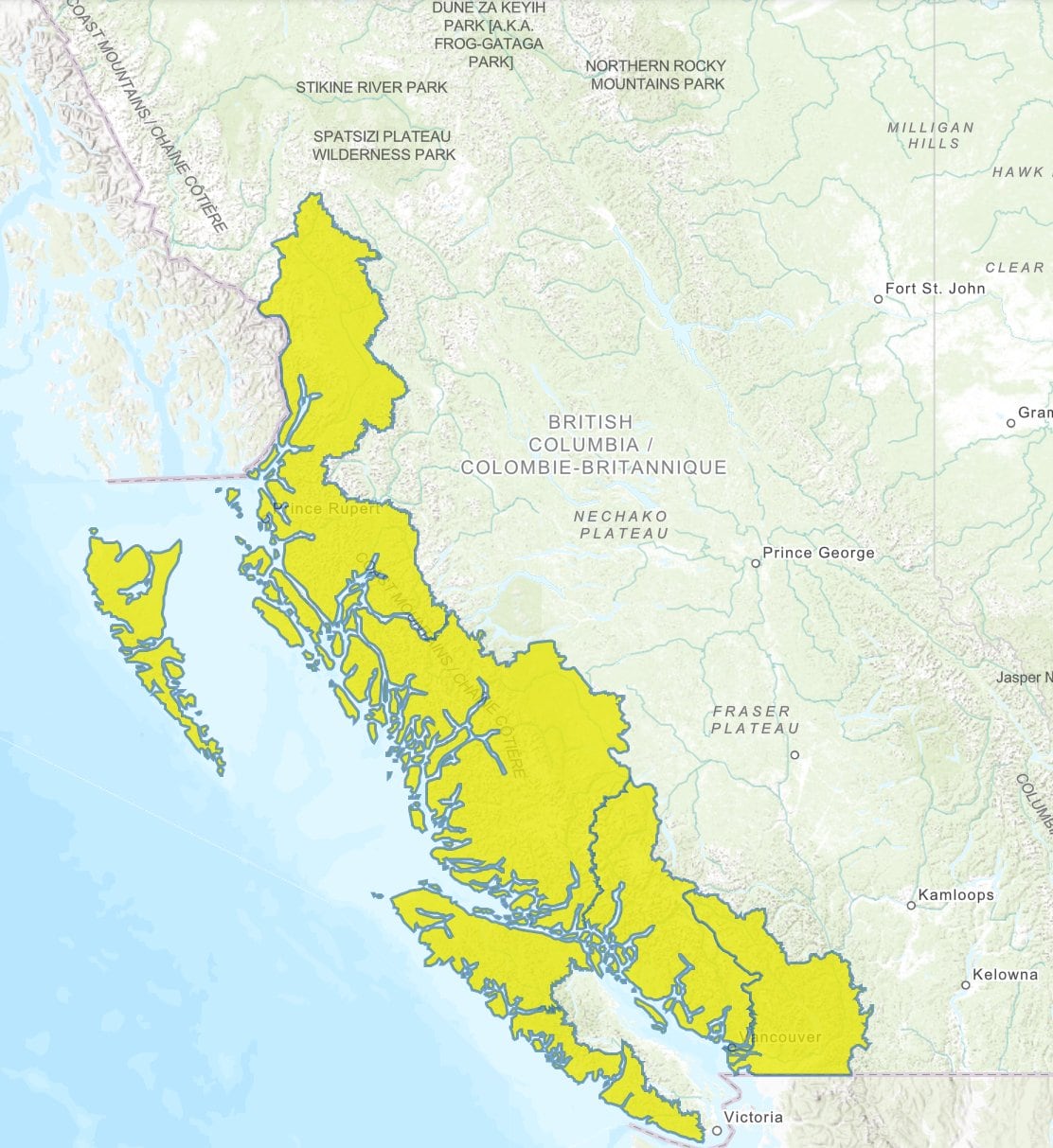 A map of B.C. with much of the coastline outlined in yellow to indicate a high streamflow advisory