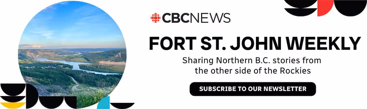 A graphic advertising Fort St. John weekly newsletter, 'Sharing Northern B.C. stories from the other side of the Rockies.'