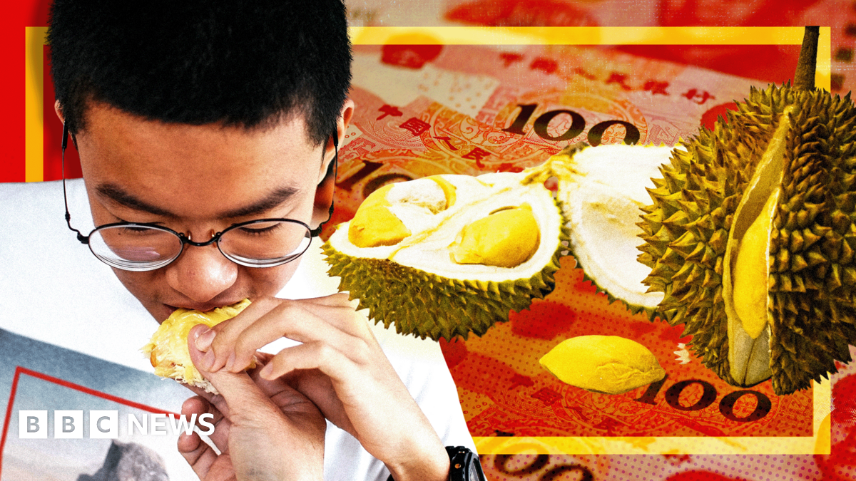 Close up of a durian fruit being held in two hands.