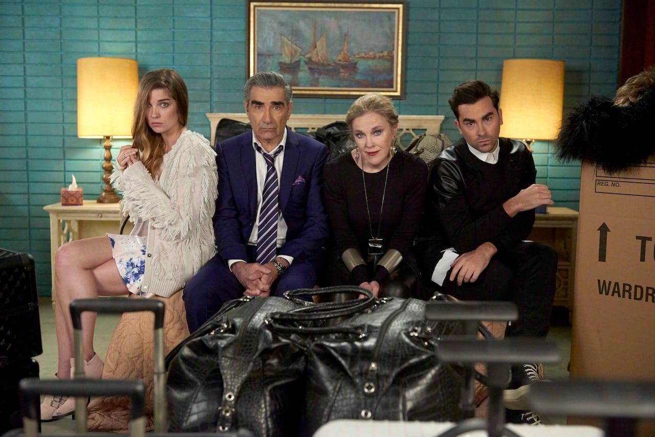 Annie Murphy as Alexis Rose, left to right, Eugene Levy as Johnny Rose, Catherine O'Hara as Moira Rose and Dan Levy as David Rose in CBC's comedy Schitt's Creek pose in an undated handout photo. Expect to see more of the Levy clan on the CBC comedy "