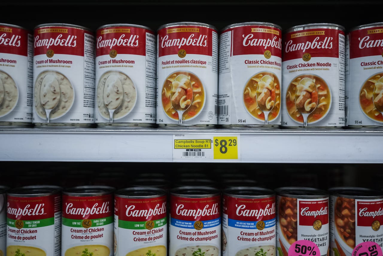 Cans of Campbell's soup are displayed for sale at NorthMart, in Inuvik, N.W.T., on Thursday, July 24, 2025. Canned goods are among the food products experts say are fine to consume after their best before date.