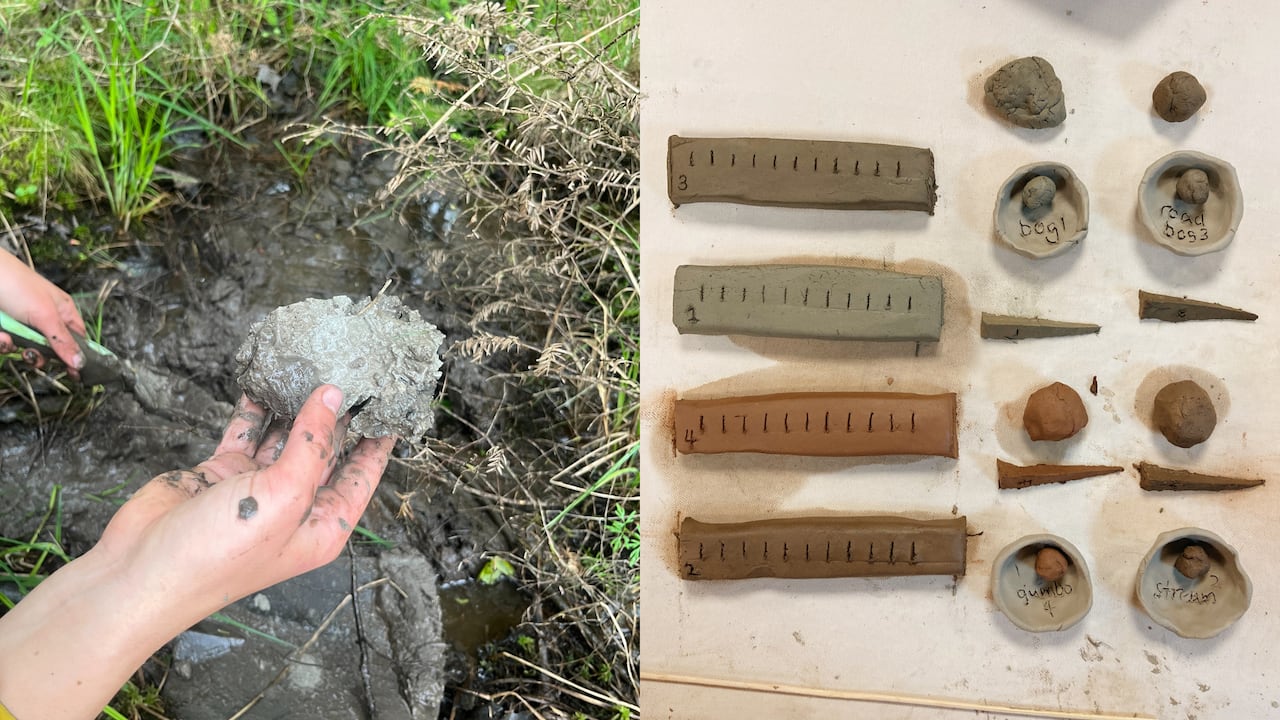 Two photos. On the left, a hand holding wild clay. On the other, small test strips of clay. 