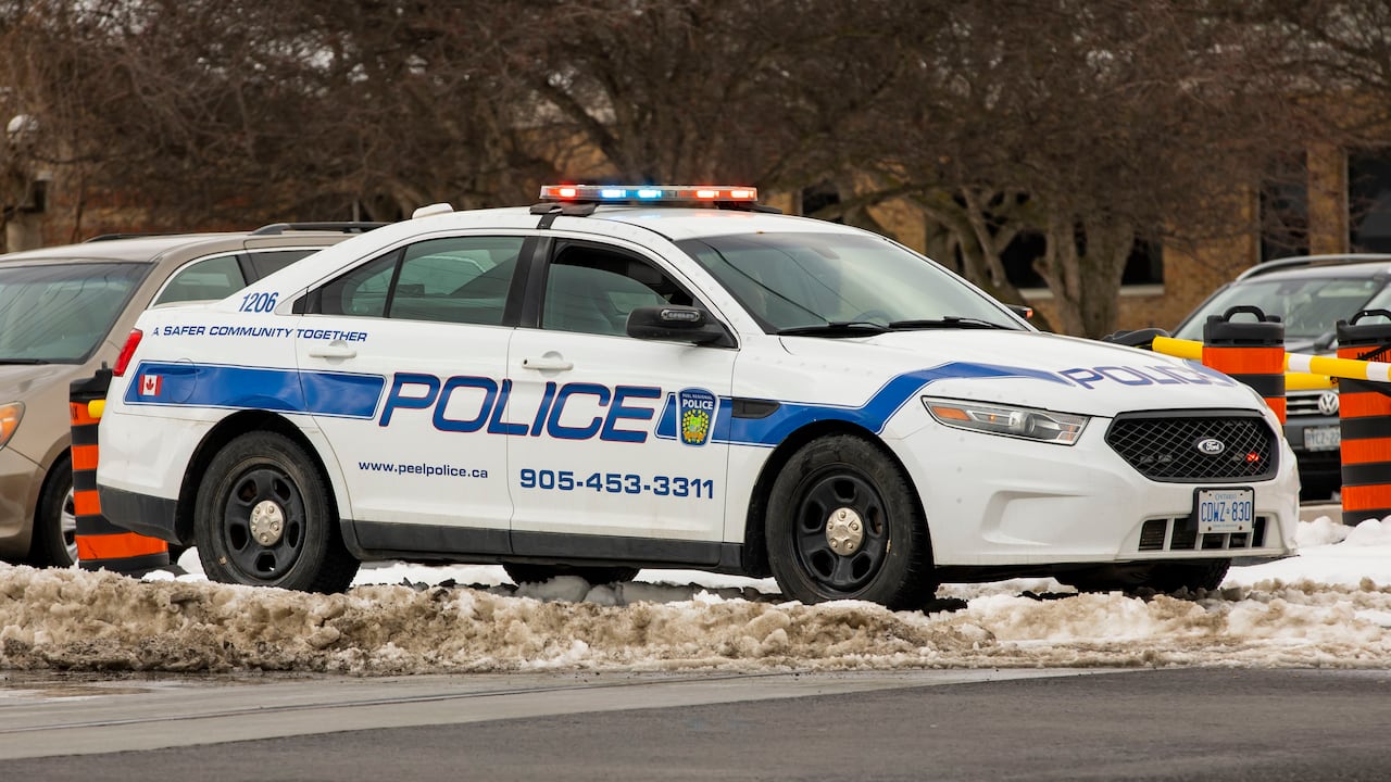 A Peel Police car at Hurontario Street and Matheson Blvd. West in Mississauga, Ontario on March 2, 2023.