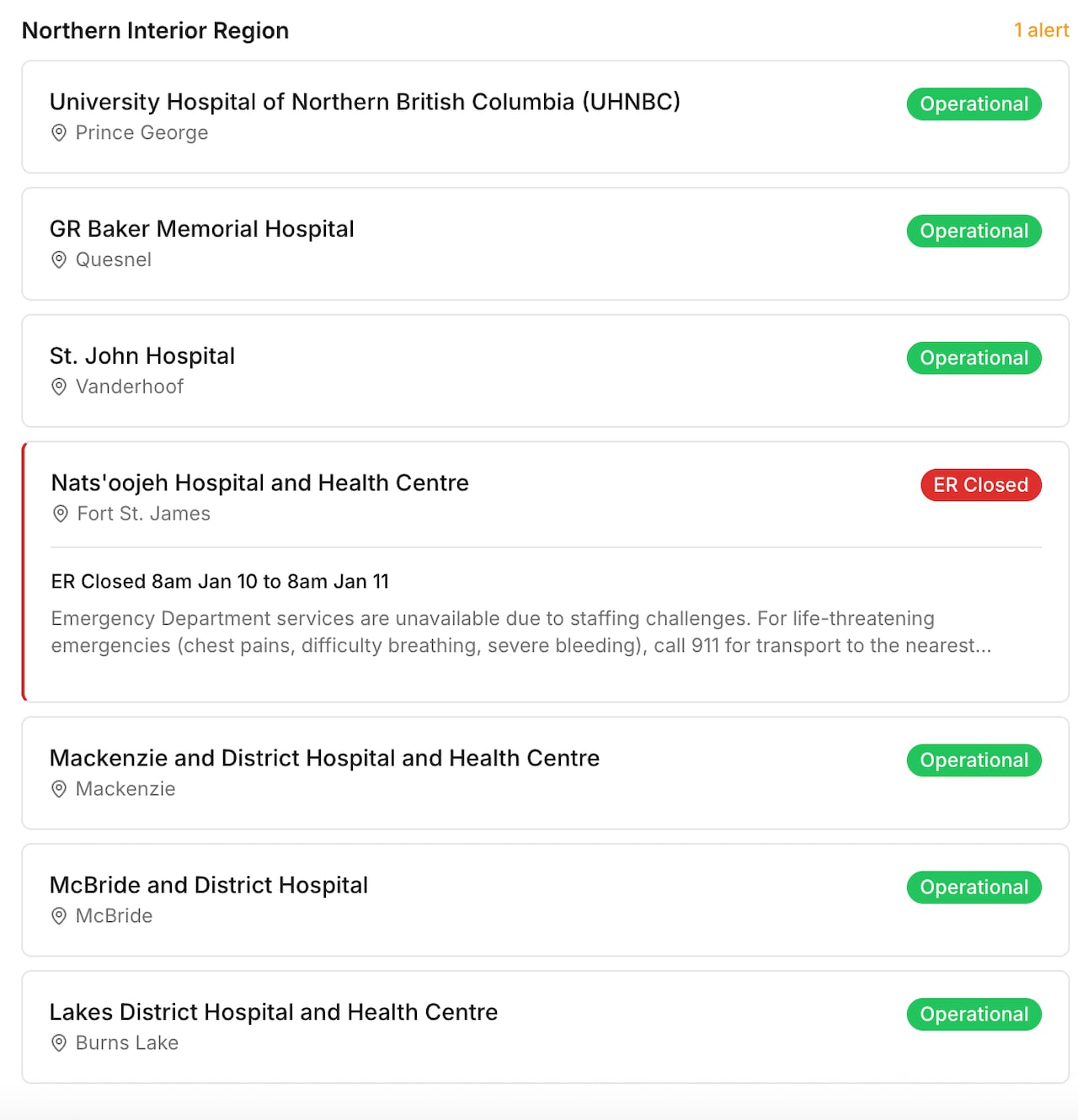 a screenshot of a website showing ER availability in northern BC