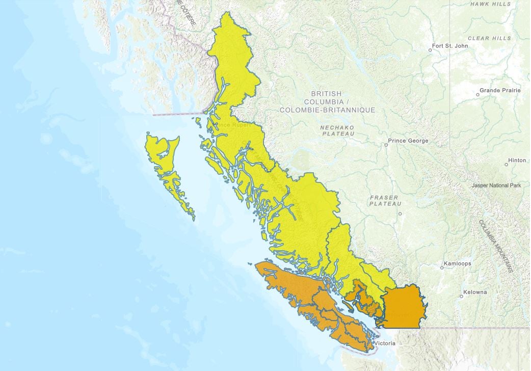 A map showing coloured areas with orange and yellow area maps indicating flood risk details.