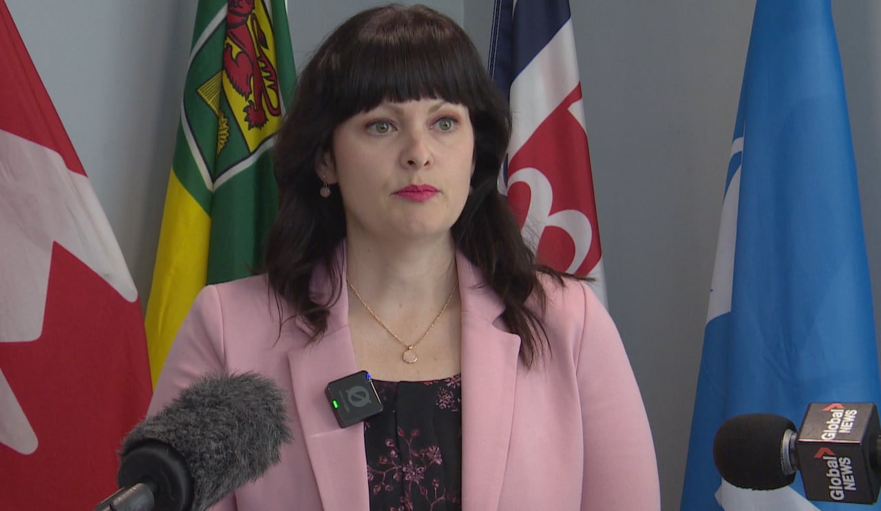 A woman stands in front of various flags, speaking into microphones