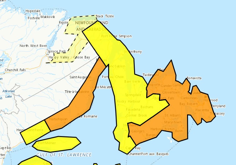 Map of Newfoundland and Labrador with yellow and orange sections