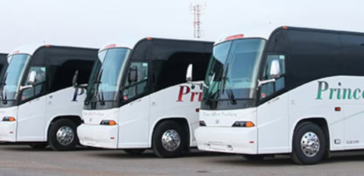 A row of parked charter buses.