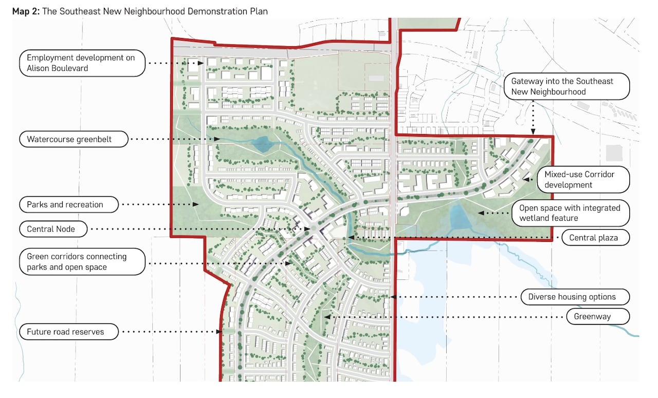 A map outlines potential development for a 148-hectare area of Fredericton.