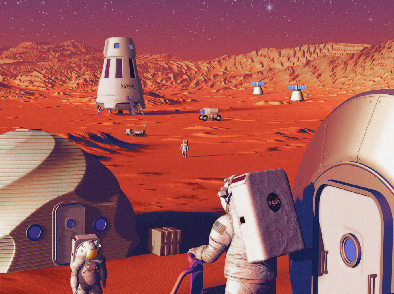 This illustration of Moon to Mars infrastructure shows astronauts living and working on the surface of Mars. NASA’s Moon to Mars Objectives establish an objectives-based approach to the agency's human deep space exploration efforts; NASA’s Moon to Mars Architecture approach distills the objectives into operational capabilities and elements.