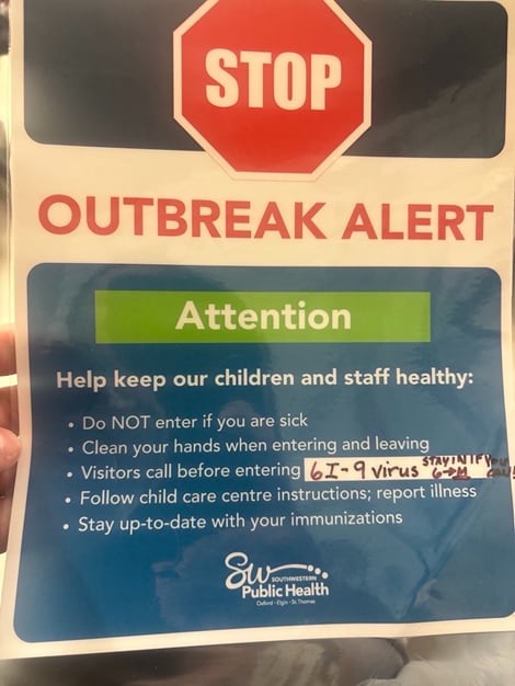 One of the fake signs Southwestern Public Health says were posted at several businesses in St. Thomas, advising of an outbreak involving a non-existent virus.
