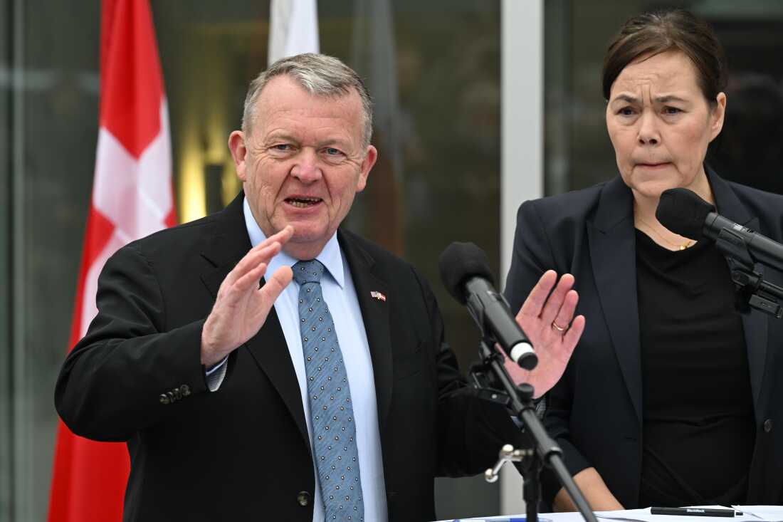 Denmark's Foreign Minister Lars Løkke Rasmussen and Greenland's Foreign Minister Vivian Motzfeldt speak at a news conference at the Embassy of Denmark in Washington, D.C., on Wednesday.