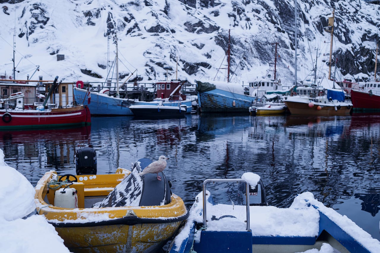 A harbour is shown with boats in wintry conditions. 