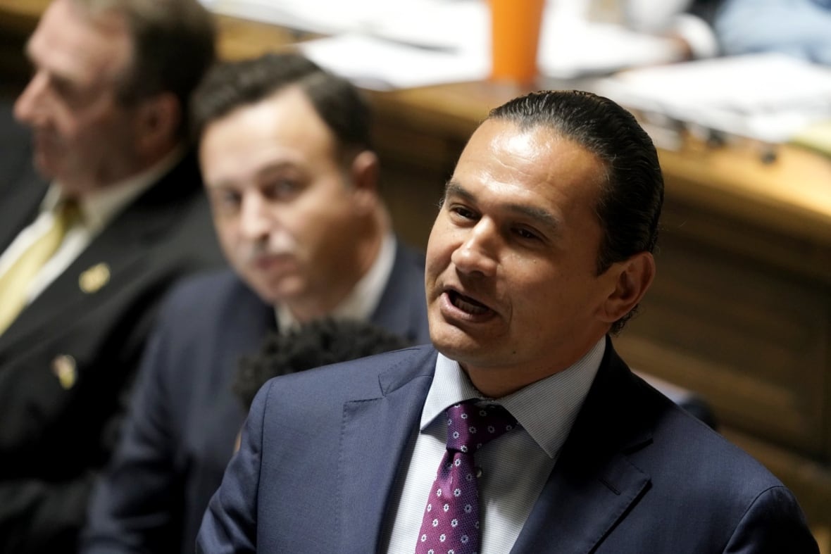 A man in a suit stands in a legislature chamber.