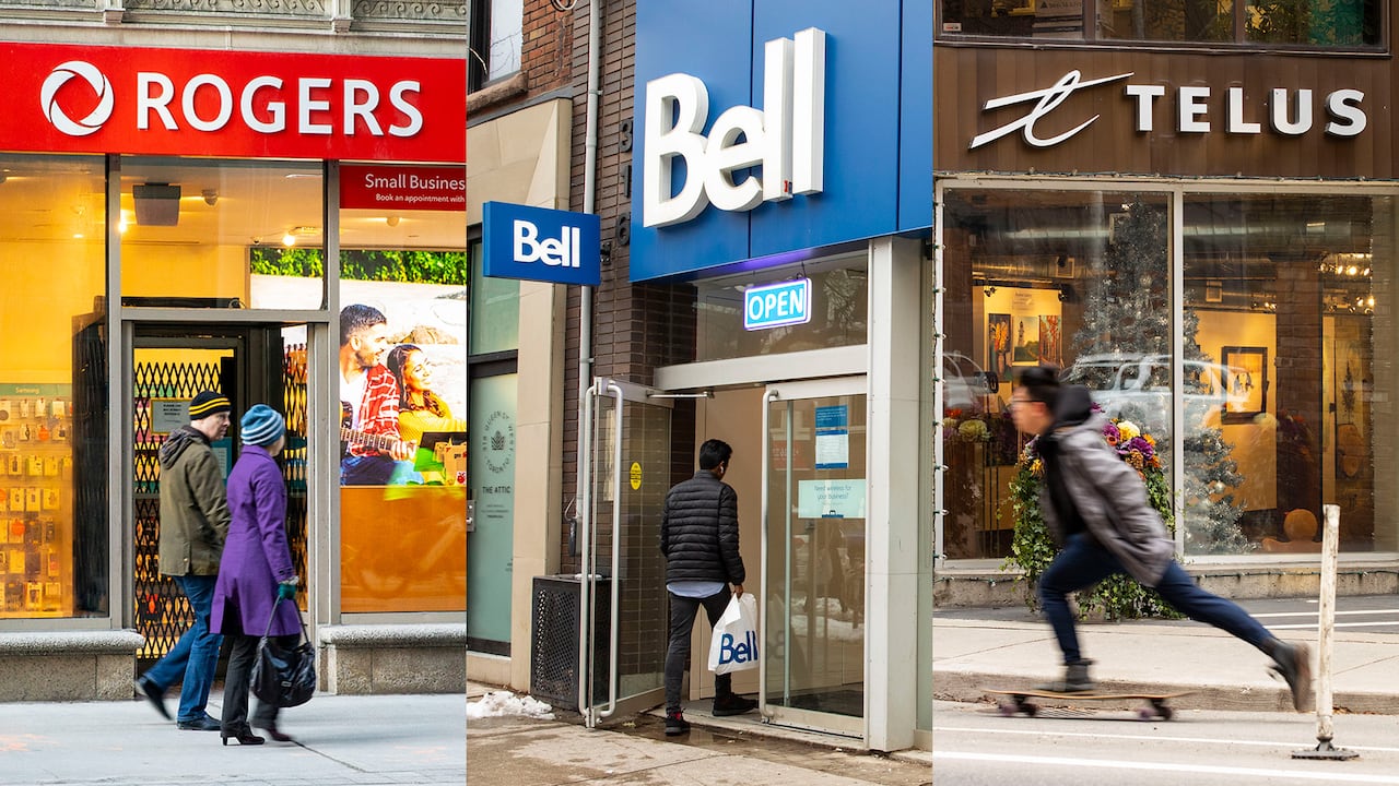 From left to right, a composite photo of Rogers, Bell and Telus stores.