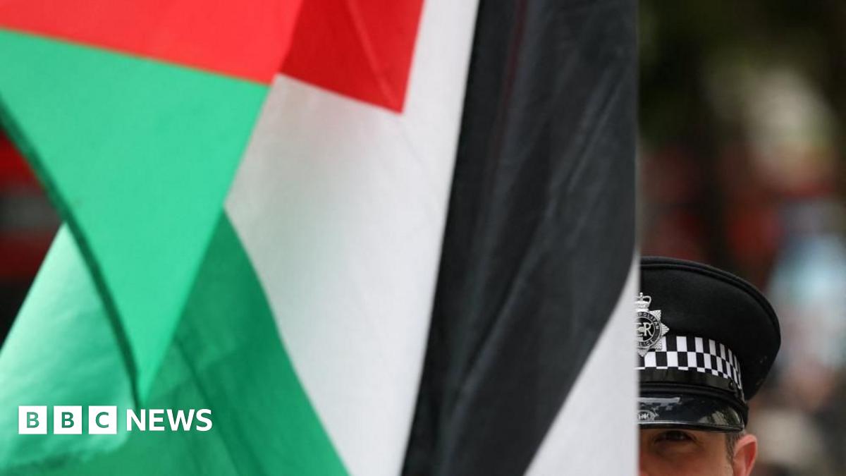 A green, red, white and black Palestinian flag drapes down, obscuring the face of a police officer. The man wears his black police hat, which has a black and white checkered detail around it.