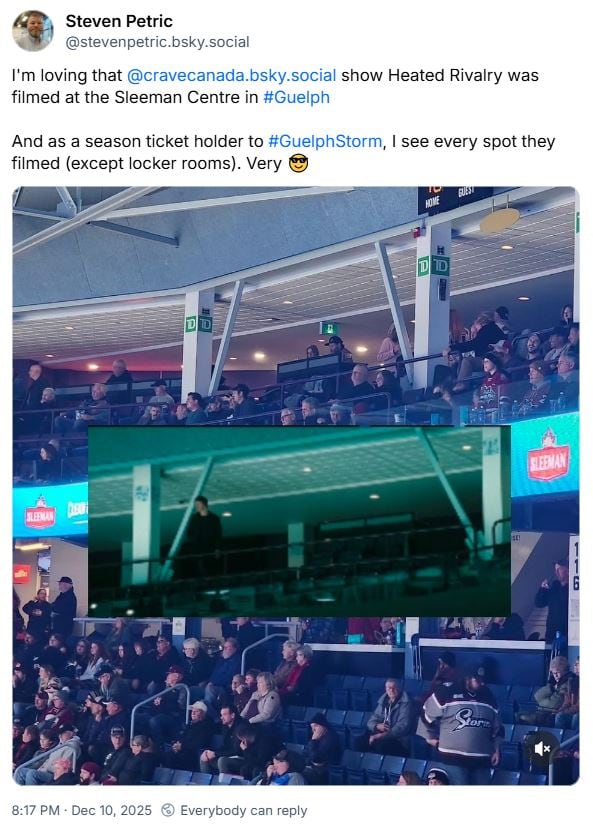 A BlueSky social media post shows the inside of a hockey arena with a image from the tv show on top of it to show where a certain scene was filmed in the building